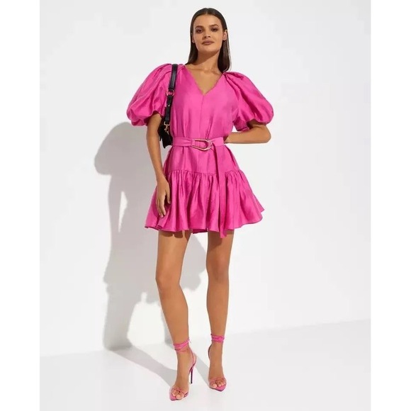 Acler Dresses & Skirts - Acler Sloane Puff Sleeve Linen Blend Mini Dress Fuchsia Pink Size US 6 / AU 10